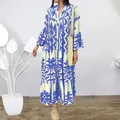Elegant bohemian blue and white printed maxi dress with V-neck shirt style buttons - Light Blue