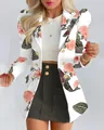 Elegant women's two-piece outfit featuring a floral print blazer and dark mini skirt - S / Top And Bottom / White Floral With Black Skirt