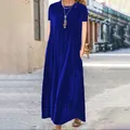 Κομψό βασιλικό μπλε μάξι φόρεμα με κοντό μανίκι και στρογγυλή λαιμόκοψη για γυναίκες - S / Tops / T-Shirts / Μπλε