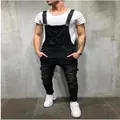 Trendy men's slim fit black denim overalls featuring ripped knee design and badges - S / Bottoms / 207 Black