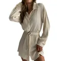 Elegant long sleeve pleated shirt dress with waist belt in cream off-white color - Off White