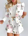 Elegant white two-piece suit set featuring pink floral print blazer and matching skirt - S / Top And Bottom / White Flower