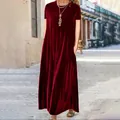 Κομψό μπορντό βελούδινο μάξι φόρεμα σε γραμμή Α με κοντά μανίκια και τσέπες - S / Τοπ Και Παντελόνι / Μπορντό (Κοντομάνικο)