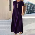 Κομψό μωβ μάξι φόρεμα από βελούδο με στρογγυλή λαιμόκοψη και κοντά μανίκια για γυναίκες - S / Bottoms / T-Shirts / Μωβ