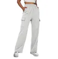 Detail view of grey high-waisted cargo sweatpants featuring wide-leg straight cut design - S / Bottoms / Light Gray