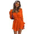 Stylish bright orange pleated long sleeve shirt mini dress with waist tie for women - S / Tops / Orange