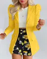 Elegant two-piece set featuring a bright yellow puff-sleeve blazer and floral mini skirt - S / Top And Bottom / Yellow