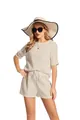 Detailed view of women's summer beige two-piece short sleeve top and shorts outfit - S / Top And Bottom / Mint Green