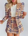Chic two-piece women's plaid suit set featuring a slim-fit blazer and matching skirt - S / Top And Bottom / Khaki Plaid