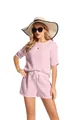 Detailed view of pink waffle knit two-piece set featuring short sleeve top and shorts - S / Top And Bottom / Lotus root pink
