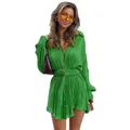 Vibrant green pleated long-sleeve mini shirt dress with a matching belted waist. - S / Tops / Green