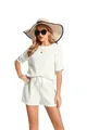 Detailed look at women's white waffle knit two-piece short sleeve set on a fashion model - S / Top And Bottom / White