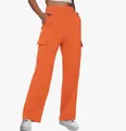 Detaillierte Ansicht der orangefarbenen High-Waist-Cargohose für Damen mit Taschen - Orangerot