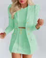 Women's elegant mint green two-piece skirt suit with puff sleeves and decorative gold buttons - S / Top And Bottom / Light Green