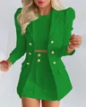 Women's three-piece suit in vibrant green featuring a slim blazer and matching skirt. - S / Top And Bottom / Dark Green