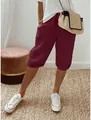 Modische weinrote Baumwolle-Leinen-Shorts für den Sommer mit elastischem Kordelzug - S / Unterteile / Burgunderrot