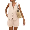 Vista dettagliata del completo 2 pezzi gilet e shorts beige con scollo a V - Taglia S / Top E Pantaloni / Albicocca