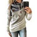 Close-up of color-block cowl neck hoodie with drawstring and leather patch detail - S / Tops / Gray
