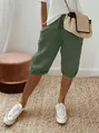 Pantaloni capri casual in cotone e lino verde scuro con coulisse elastica in vita e tasche - XL / Verde militare