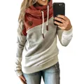Detail view of color-block stack-neck hoodie with thick drawstrings and chest patch - S / Tops / Orange