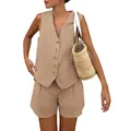 Elegante completo due pezzi con gilet senza maniche scollo a V e pantaloncini coordinati kaki - Kaki