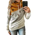 Detail view of women's color block cowl neck hoodie with ginger and grey patchwork - S / Tops / Yellow