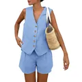 Elegante completo due pezzi con gilet e pantaloncini celeste ideale per l'estate - Taglia S / Top E Pantaloni / Azzurro