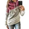 Detailed view of women's trendy color-block cowl neck hoodie featuring a drawstring. - S / Tops / Rose Red