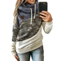 Detail view of women's cowl neck hoodie featuring camouflage color-block design - S / Tops / Camouflage + Blue
