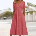 Detailed view of women's short sleeve V-neck maxi dress with pleated bodice and pockets - S / Tops / Watermelon red