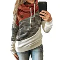 Detail of women's cowl neck color-block sweatshirt with camouflage and rust red panels - S / Tops / Camouflage and Orange
