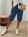Vista dettagliata dei pantaloni capri in cotone lino blu navy con elastico in vita - Taglia S / Pantaloni e gonne / Blu scuro