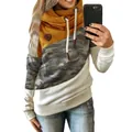 Women's color-block cowl neck sweatshirt with camouflage panels and drawstrings - S / Tops / Camouflage + Yellow