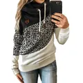 Close-up of women's leopard print patchwork cowl neck hoodie with white rope drawstring - S / Tops / Leopard + Black