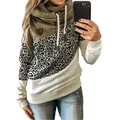 Casual color-block leopard print hoodie with cowl neck and adjustable drawstrings - S / Tops / Leopard + Khaki