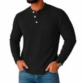 Close-up of black waffle knit Henley shirt with three buttons and pocket - S / Tops / Black