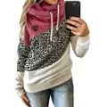 Detailed close-up of a women's color-block hoodie with a cowl neck and leopard print - S / Tops / Leopard & Rose Red
