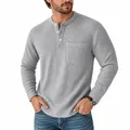 Detailed view of men's grey waffle-knit Henley shirt with button neck and chest pocket - S / Tops / Light Gray
