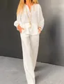 Conjunto de dos piezas de algodón y lino blanco con top escote en V y pantalón recto. - S / Top y Pantalones / Blanco