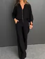 Elegante conjunto de lino negro de dos piezas con top de manga larga con cuello en V y pantalón - S / Top y Pantalones / Negro