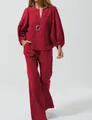 Conjunto de dos piezas en algodón y lino rojo con mangas abullonadas y pantalón ancho. - S / Top y Pantalones / Rojo