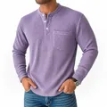 Detail of men's casual lavender waffle-knit long-sleeve Henley shirt with pocket - S / Tops / Light Purple