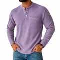 Detail of men's casual lavender waffle-knit long-sleeve Henley shirt with pocket - S / Tops / Light Purple