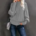 Detail of a grey cable knit lantern sleeve sweater with elegant loose fit design - Light Gray