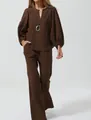 Casual brown cotton linen two-piece set with V-neck top and wide-leg trousers - Coffee