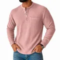 Detailed view showing the waffle knit texture and chest pocket of a pink Henley shirt - Pink