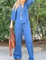 Conjunto informal de dos piezas de algodón y lino azul con top en V y pantalón ancho - S / Top y Pantalones / Azul