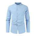 Detail of a light blue linen long-sleeve shirt with a stylish mandarin collar for men. - Light Blue