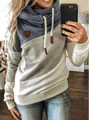 Detail of color-block turtleneck hoodie with drawstring cowl neck and casual fit. - S / Tops / Blue