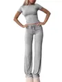 Women's casual grey solid color short sleeve top and long drawstring pants two-piece set - XS / Set / Medium Grey